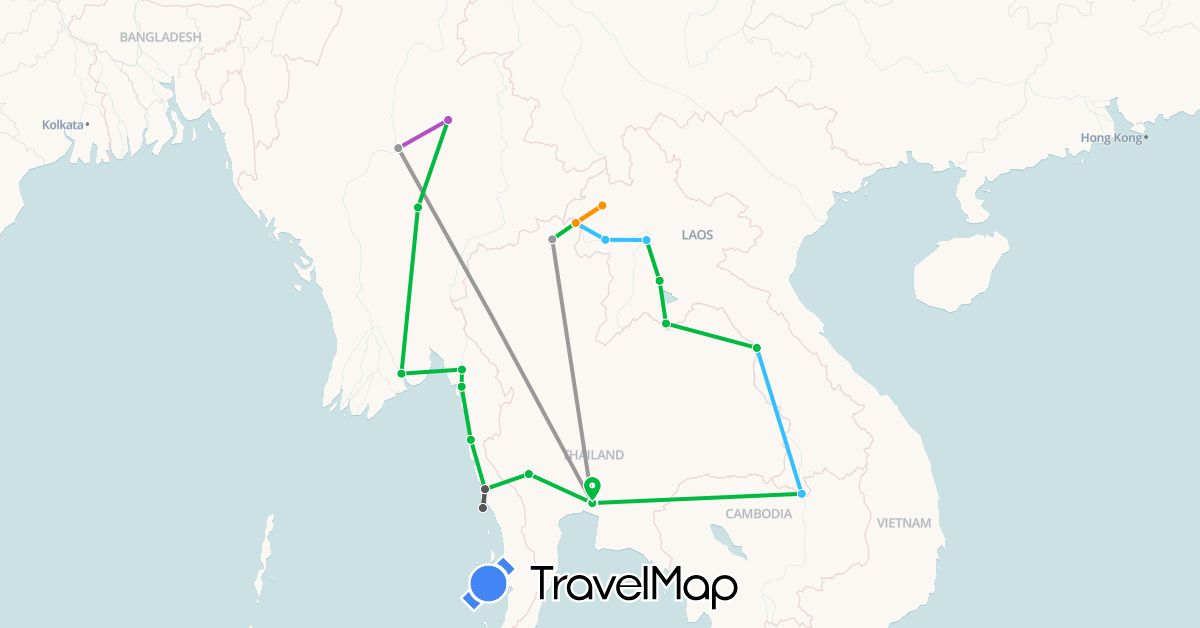 TravelMap itinerary: driving, bus, plane, train, boat, hitchhiking, motorbike in Laos, Myanmar (Burma), Thailand (Asia)