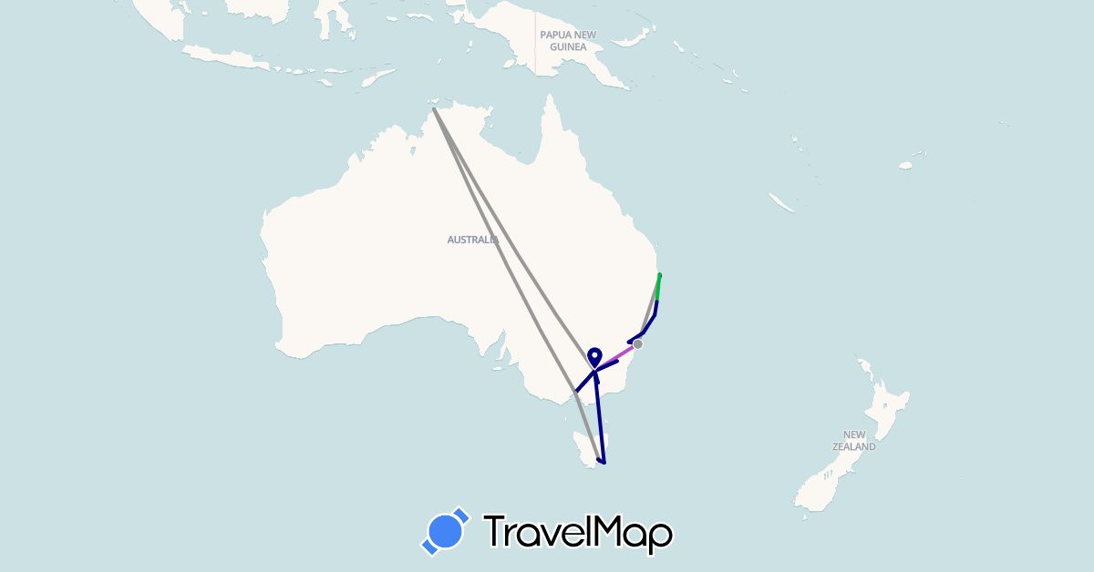 TravelMap itinerary: driving, bus, plane, train, hiking in Australia (Oceania)